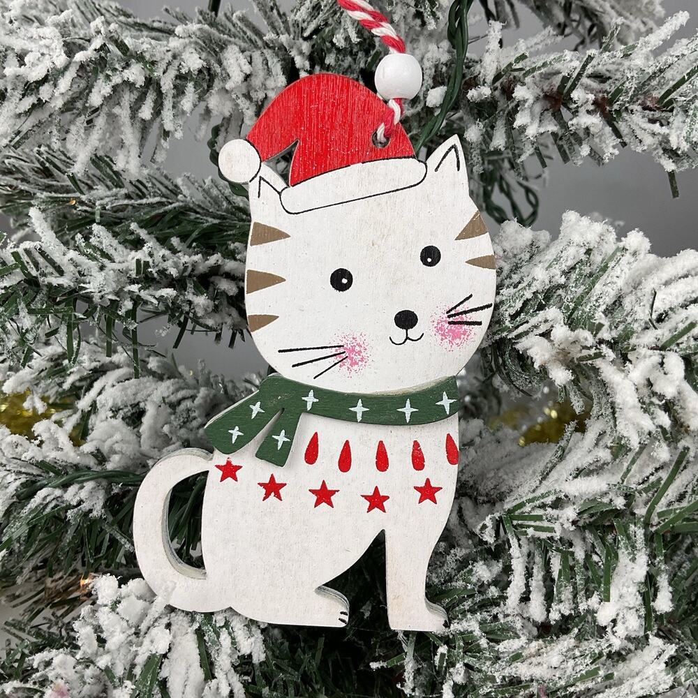 Christmas Tree Ornament-Wooden Cat With Green Scarf-The Bridge Collection